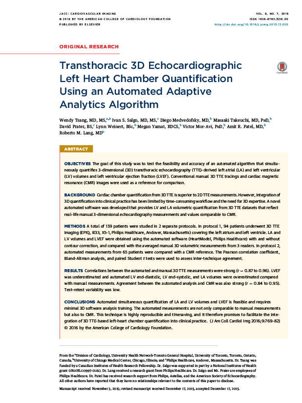 Transthoracic 3D Echocardiographic Left Heart Chamber Quantification Using an Automated Adaptive Analytics Algorithm